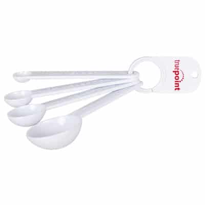 Plastic white set of measuring spoons printed.