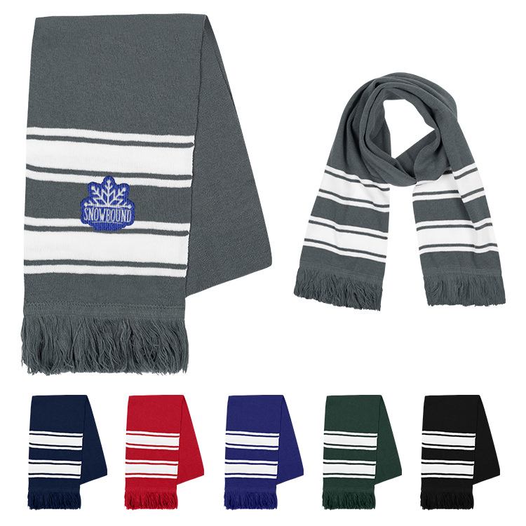 Gray scarf with fringe and two white stripes folded showing custom embroidered logo.
