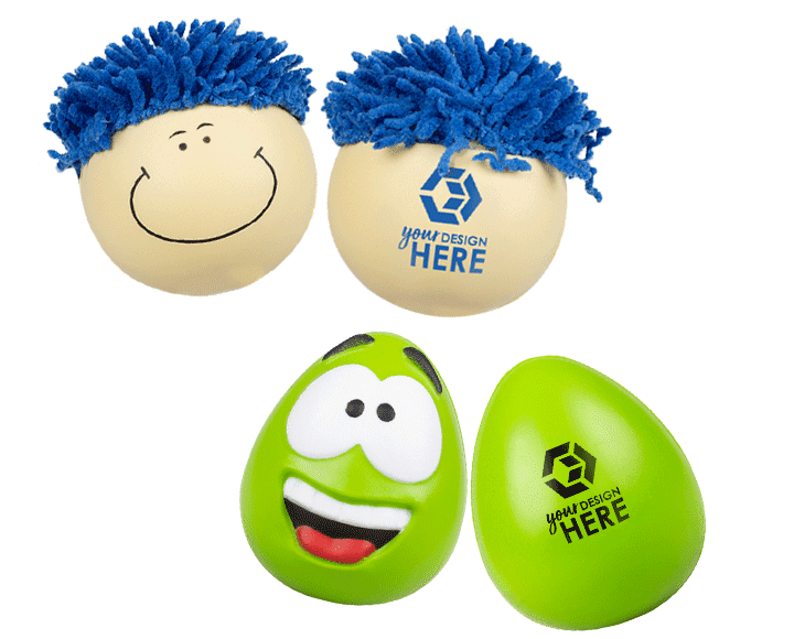 Stress ball people smiley face stress ball with blue hair and blue imprint and green smiley face stress ball with black imprint