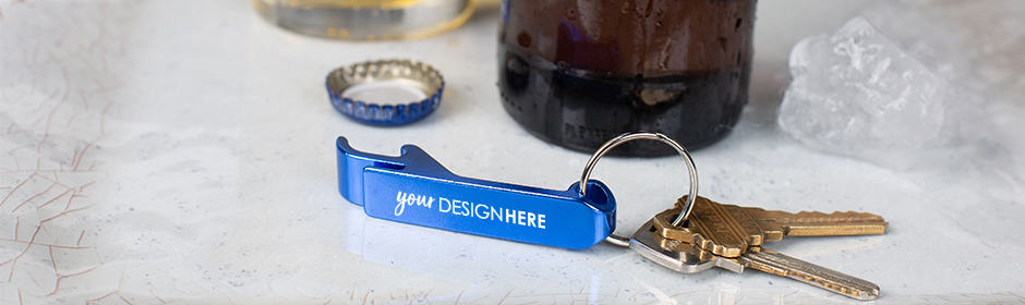 Blue bottle opener keychain with white imprint