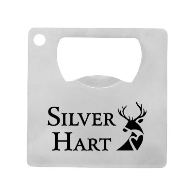 Silver mini square stainless steel bottle opener with custom imprint.