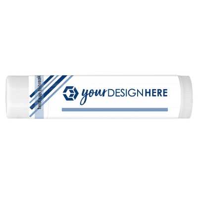 Green background lip balm with a customized logo.