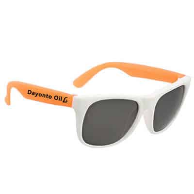 Polypropylene resin and polycarbonate neon orange white frame retro sunglasses with customized imprint.