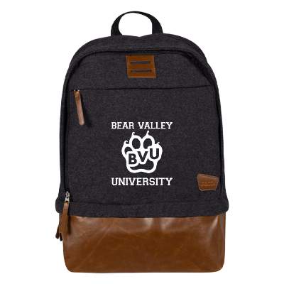 Wool polyester blend charcoal backpack with custom logo.