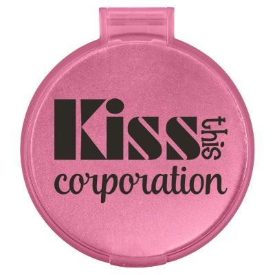 Pink plastic mirror with a branded logo.