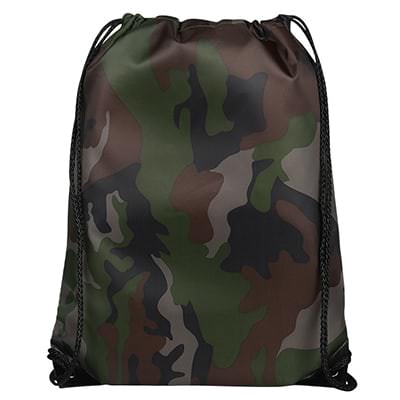 Blank polyester camo drawstring bag with reinforced corners.