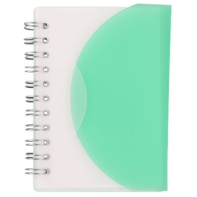 Translucent green notebook with fold over closure.