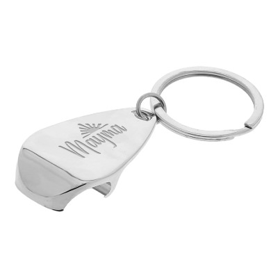 Metal silver bottle opener keychain with laser engraved custom promotional logo.