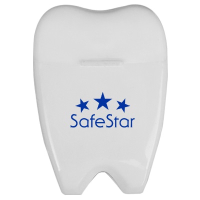 White plastic dental floss with a personalized logo.