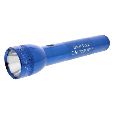 Engraved blue aluminum flashlight with a custom imprint.