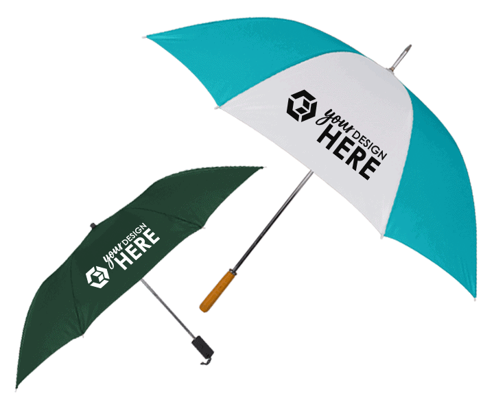 Green umbrella with white imprint and teal and white umbrella with black imprint