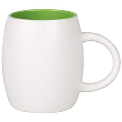 Ceramic white with green coffee mug with c-handle blank in 14 ounces.