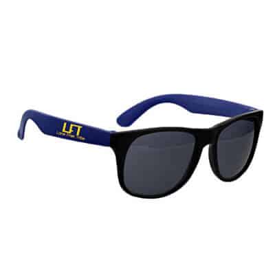 Plastic blue wave sunglasses with personalized imprint.