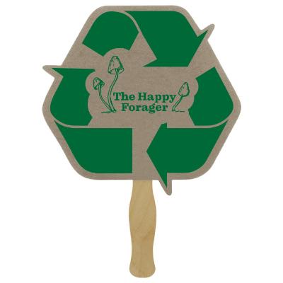 Paper brown hand fan with a personalized logo.