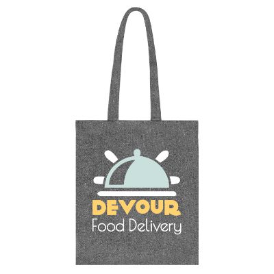 Reycled cotton multicolored tote bag with custom full-color logo.