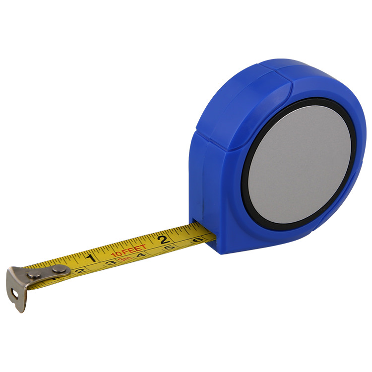 Metal and plastic spinning tape measure.