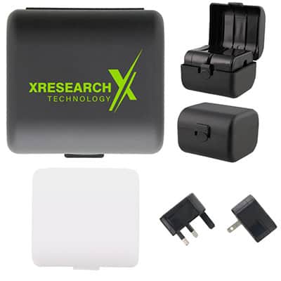 Plastic black compact power adapter with imprinted logo.