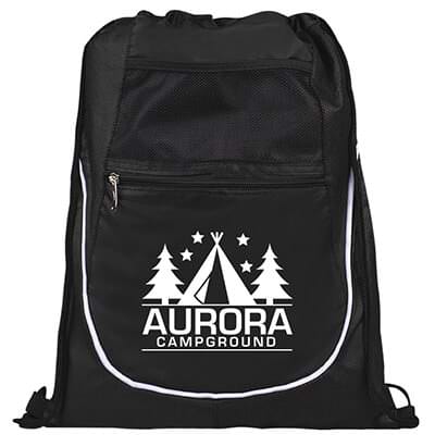 Polyester black drawstring sports bag with dual pockets and logo.