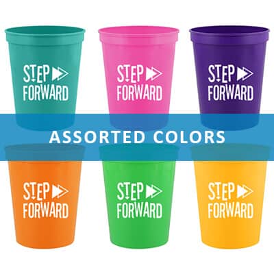 Plastic assorted vivid colored stadium cups with custom imprint in 16 ounces.