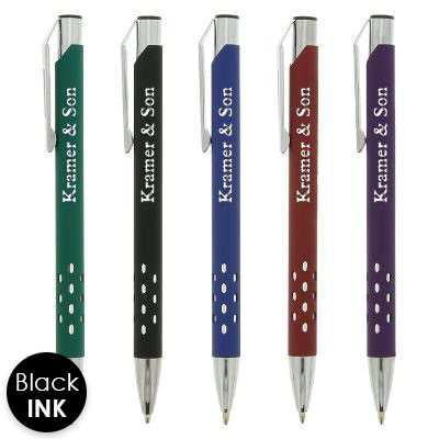 Custom engraved logo on rubberized metal pen with chrome accents.