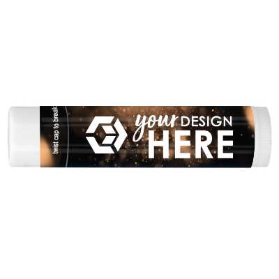 Lighting background lip balm with a promotional logo.