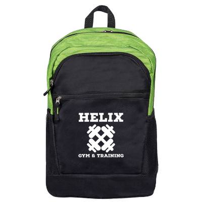 Green backpack with custom logo.