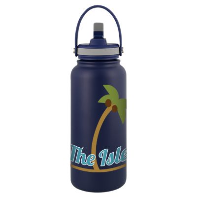 Navy blue stainless bottle with full color logo.