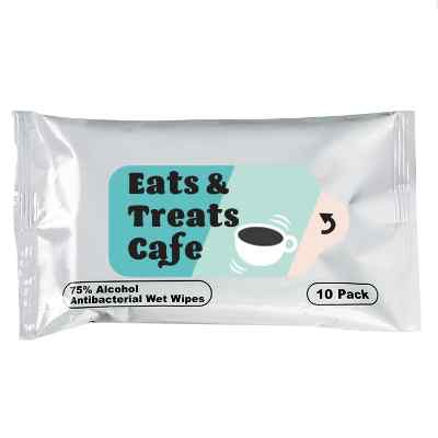 White 10 ct. wet wipe packet with a personalized logo.