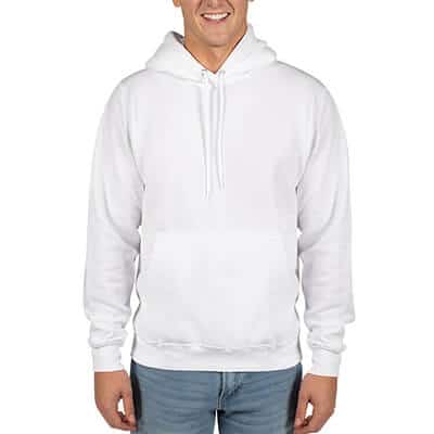 Blank white pullover hooded sweatshirt.