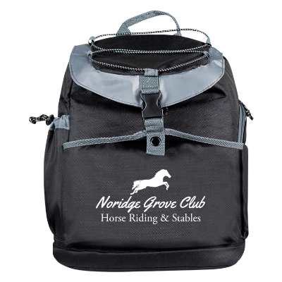 Black backpack cooler with custom logo.