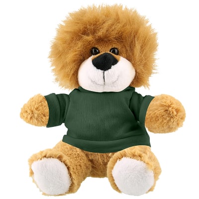 Plush and cotton lion with forest green shirt blank.