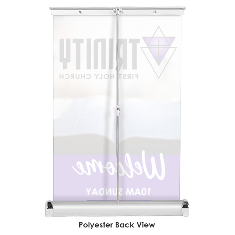 Polyester tabloid size table top banner with retractable aluminum banner stand.