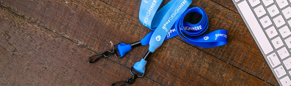 Light blue custom polyester lanyards with white imprint and blue polyester lanyards with white imprint