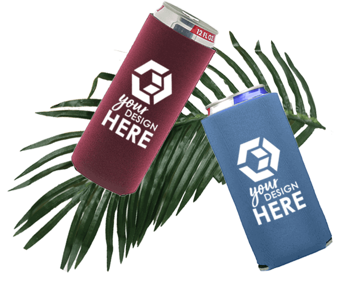 maroon slim can cooler with white imprint and blue slim can cooler with white imprint
