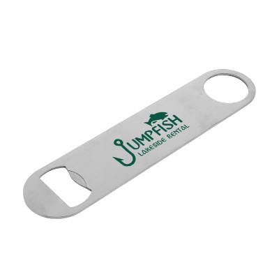 Stainless steel bottle opener with personalized imprint.
