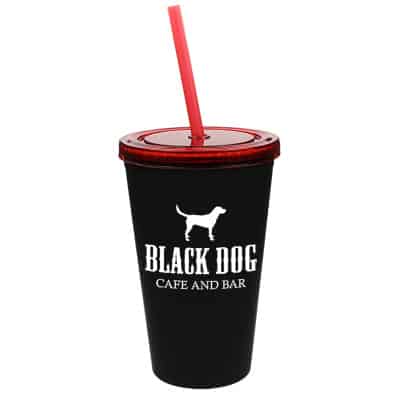 Plastic red tumbler with custom logo in 16 ounces.