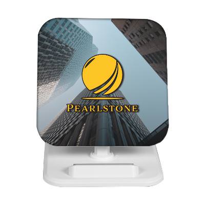 White plastic phone stand with a customized imprint.