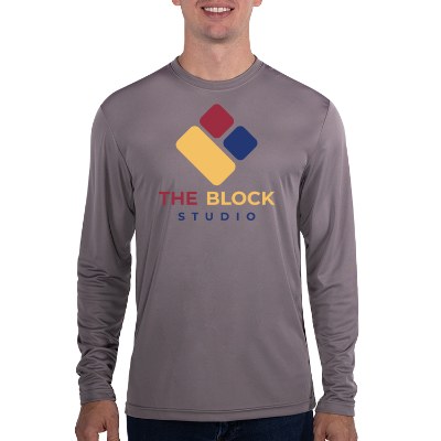 Full color customization on graphite long sleeve t-shirt.