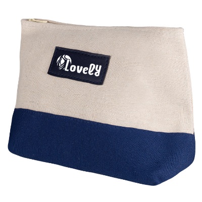 Jute and canvas blue attractive cosmetic bag with logoed imprint.