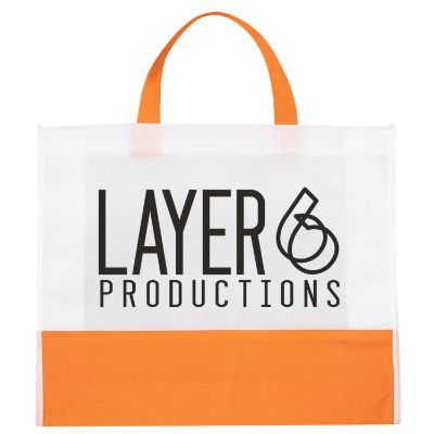 Non-woven polypropylene orange block tote with custom logo.