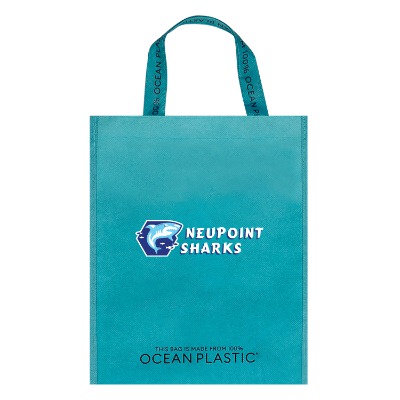 Seafoam ocean plastic reusable tote bag with custom full-color logo.