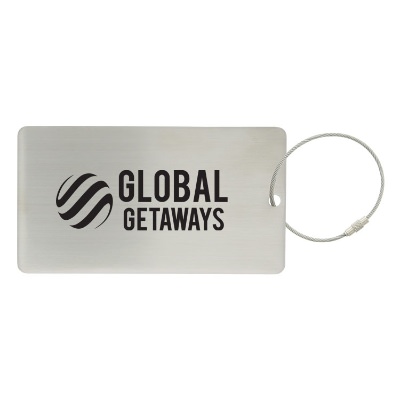 Personalized steel luggage tag with imprint.
