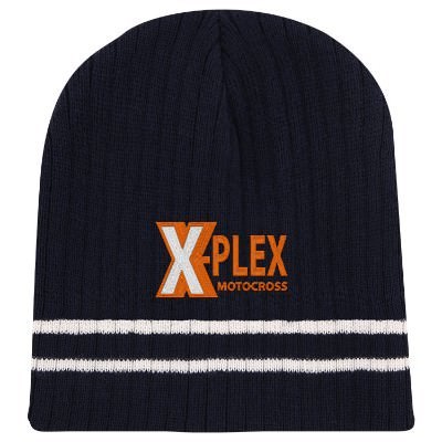 Embroidered navy blue with white beanie.