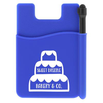Silicone blue phone wallet with pen with a branded imprint.
