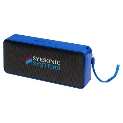Blue plastic speaker with a personalized logo.