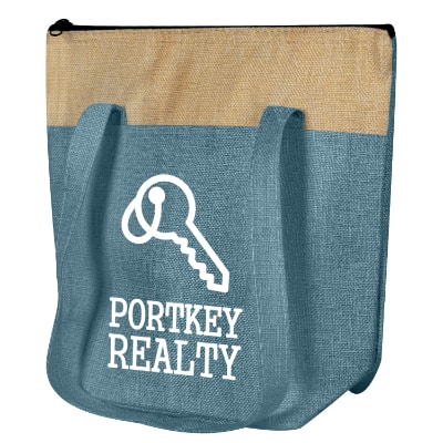 Turquoise polycanvas lunch tote with custom imprint.