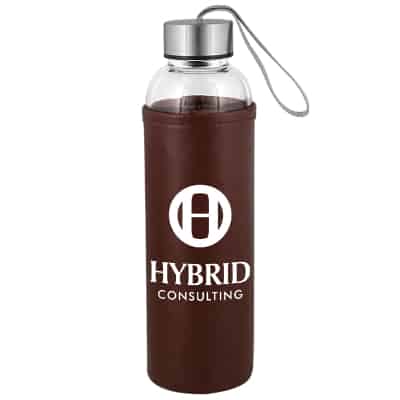 Glass water bottle and brown leather sleeve with custom branding in 18 ounces.