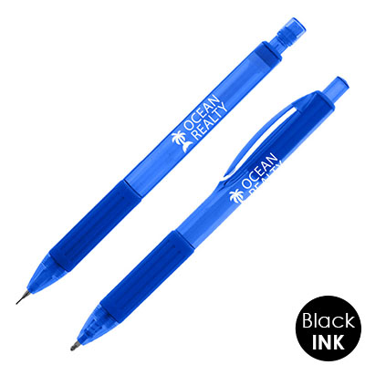 Blue writing set with custom imprinted logo.