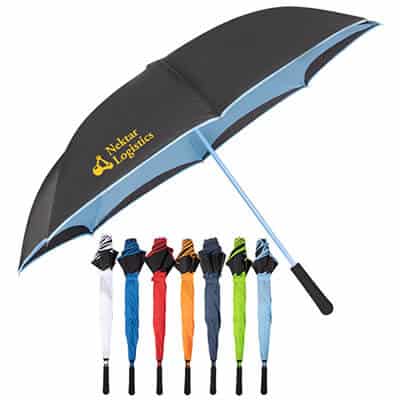 46 inch light blue inversion umbrella with logo.