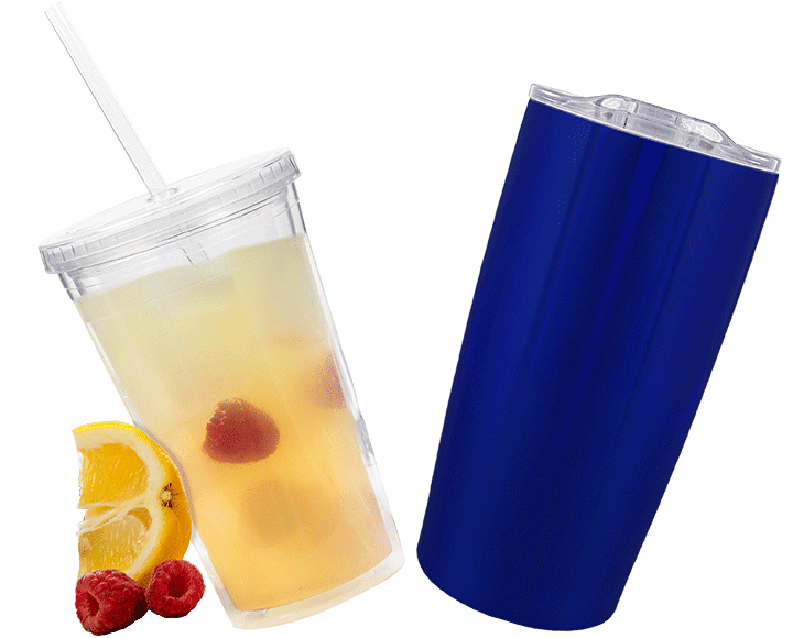 Clear plastic tumbler and blue stainless steel tumbler